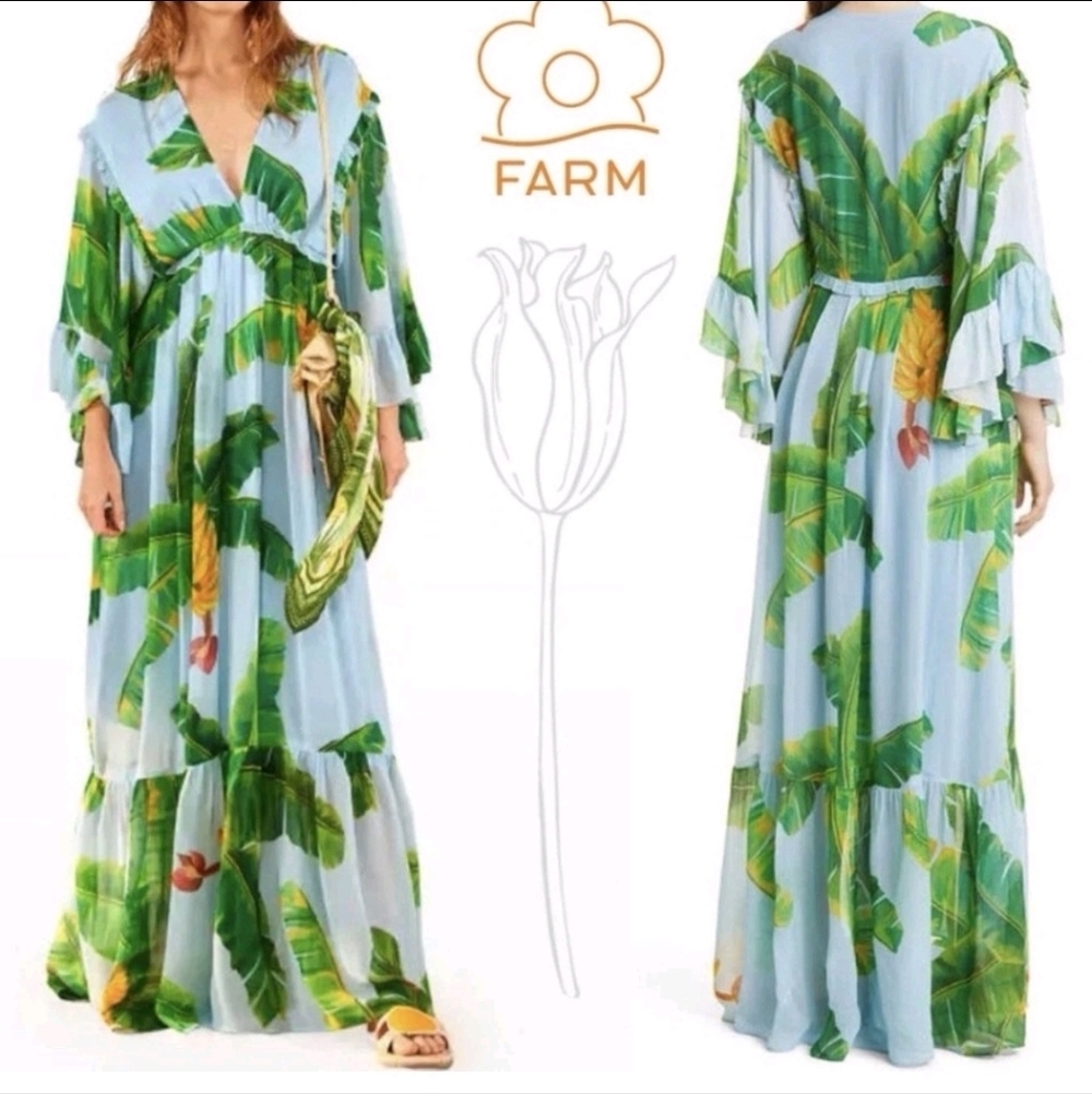 FARM Rio Fresh Bananas - Light Blue Maxi Dress with Green Tropical Leaf Print